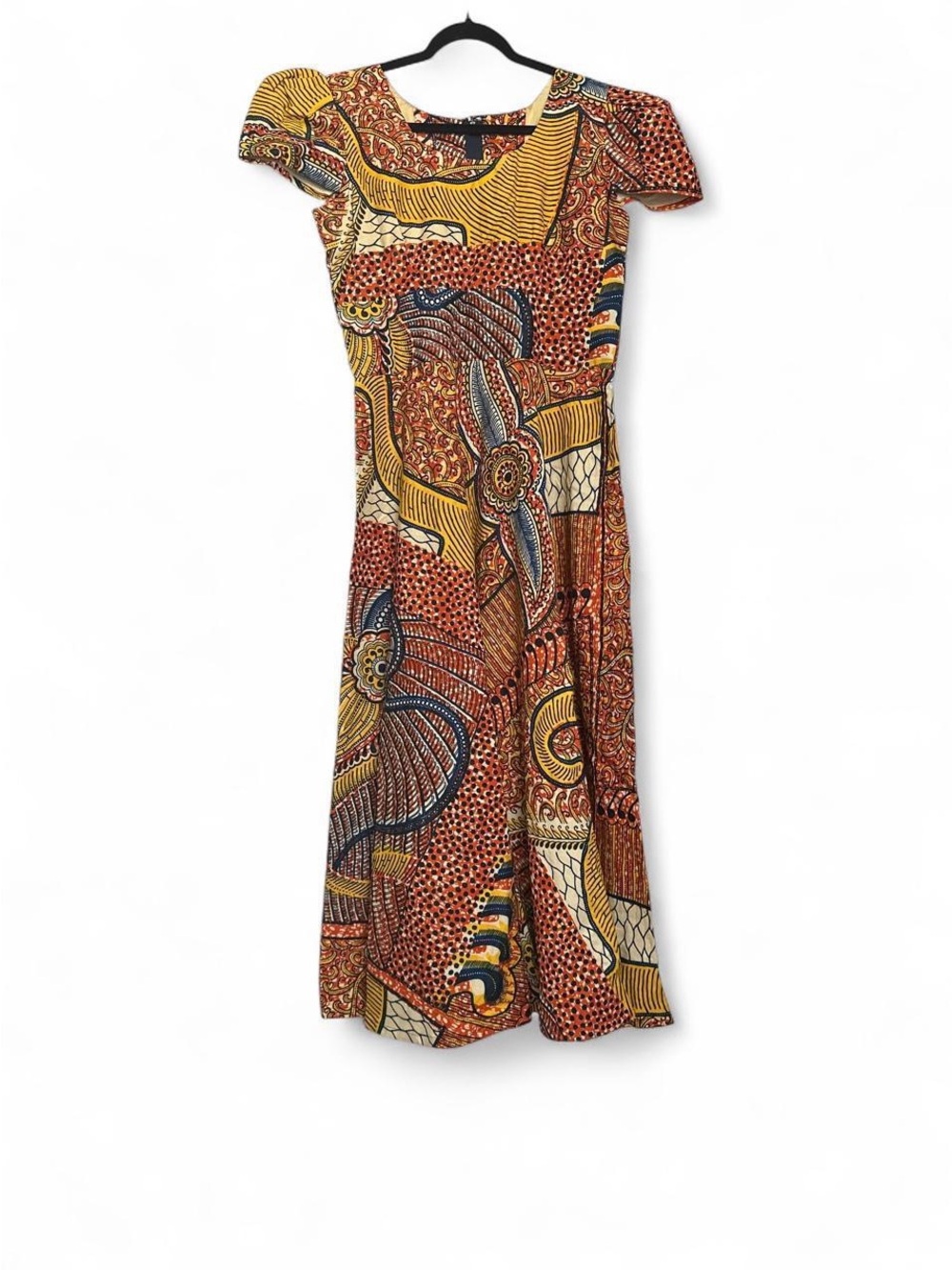 Printed Short-Sleeve Midi Dress in Rust Yellow XL